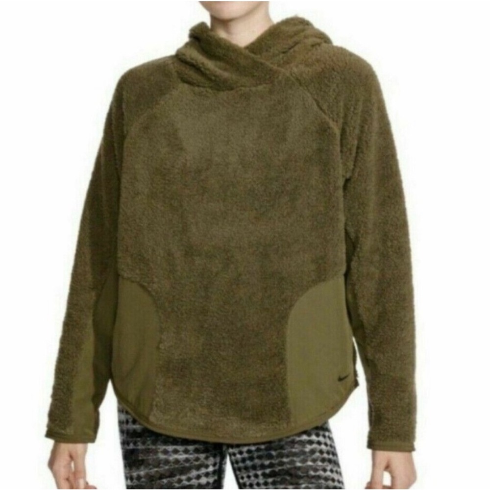 Nike Women's Sherpa Fleece Pullover‎ Hoodie Olive Green Cozy Warm Jacket Size S
